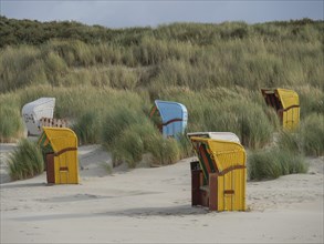 Beach chairs in different colours stand along the dunes, protected by high grasses, colourful beach