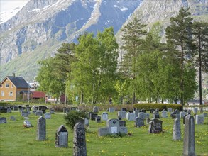 Mountain cemetery with gravestones, trees and houses surrounded by green landscape, gravestones