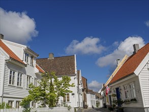 White houses with tiled roofs, cobblestone street, plants and fence under blue sky, white wooden