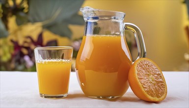 A glass of orange juice, carafe and half orange on a white table with a warm background, AI