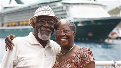 Happy african american senior couple portrait in front of their luxury cruise ship. generative AI,