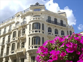 Elegant white building with ornaments, balconies and pink flowers in the foreground, blossom and