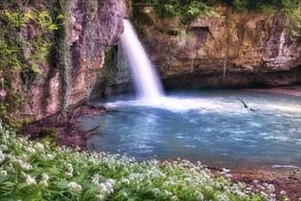 Waterfall with small pond, wild garlic in bloom, Canton Basel-Landschaft, Switzerland, Europe