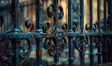 A rusted wrought iron gates in hues of deep charcoal and slate gray AI generated