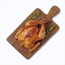 Golden roasted chicken on a board with rosemary sprigs, AI generated