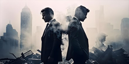 Silhouette of two businessman against a backdrop double exposure that reveals a destroyed