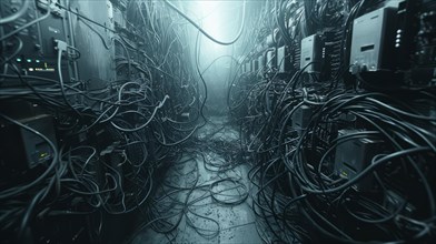 Chaotic tangle of cables and equipment in a cool blue-toned server room, AI Generated, AI generated