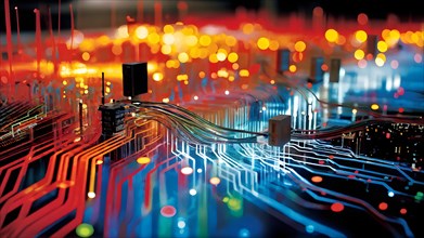 Illustration of abstract data stream cascades over a circuit board transforming into swirling