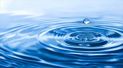 Drop of water falls into body of water, creating ripple effect. Concept of calmness and