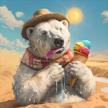 A polar bear in the hot desert with a straw hat and a scarf eats ice cream under the bright sun,