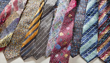 Colourful ties lying close together with different patterns and textures, AI generated, AI