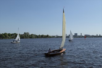 Symbolic picture weather, leisure activity, summery spring, sailing boats in front of blue sky on