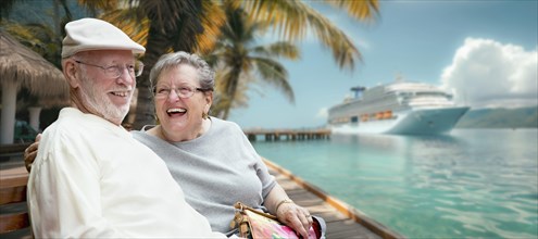 Senior adult couple enjoying the view from the dock with passenger cruise ship in the background