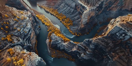 Aerial view of a winding river through a rugged canyon with autumn foliage, AI generated