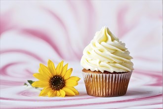 Cupcake with soft cream frosting perfectly swirled against a sunflower with red backdrop, AI