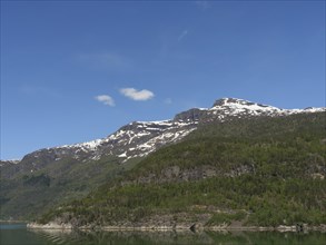 A calm lake surrounded by snow-capped mountains and green forests under a clear blue sky, calm