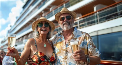 Happy senior couple toasting champagne in front of their luxury cruise ship. generative AI, AI