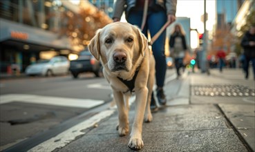 A guide dog leading its owner confidently across a busy city street AI generated