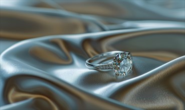A diamond ring placed on a smooth satin material background AI generated