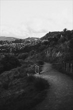 Black and white view of a path with fence and hilly background