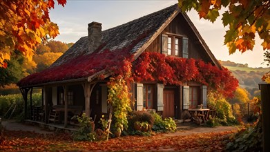Rustic vineyard cottage nestled in a canopy of vines leaves showcasing autumns color palette in the