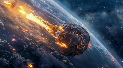 A large asteroid meteor falling from sky with fiery trail heading near earth bringing destruction,