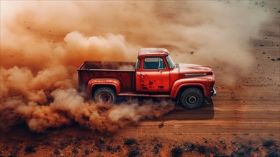 60s american Vintage red truck stirring up a large cloud of dust off-road, AI generated