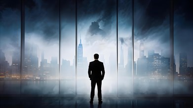 Silhouette of a businessman against a backdrop double exposure that reveals a destroyed cityscape,