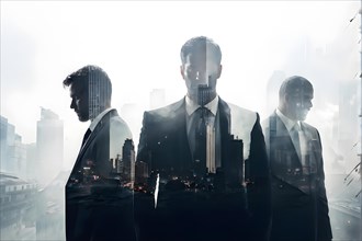 Silhouette of a group of businessman against a backdrop double exposure that reveals a destroyed