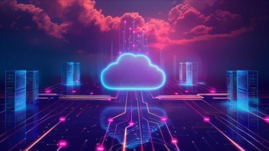 Cloud computing concept with a neon blue cloud and data centers under a digital sky, AI generated