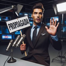 Man holding a 'PROPAGANDA' sign in a television studio, with multiple microphones around, ai