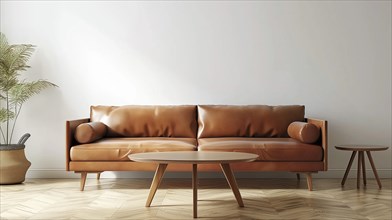 Photograph of two trendy empty scandinavian coffee tables near a sofa. Minimalist mock-up style. AI