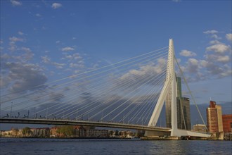 Modern bridge over a river with skyscrapers, cloudy sky, skyline of a modern city on a river with a
