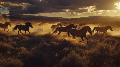 Horses running through a desert landscape at sunset under a dramatic sky with dust clouds, AI