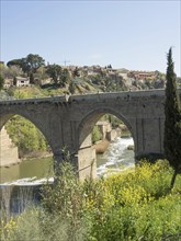 Stone bridge with arches over a river, surrounded by vegetation and a sunny landscape, historic