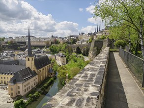Wide view of a city wall stretching next to a church and a river, with spring greenery and a