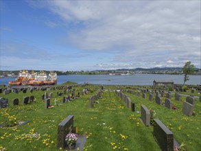 Cemetery with many gravestones near a body of water with ships under a blue, slightly cloudy sky,