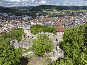 Aerial view of the Honburg castle ruins on the Honberg with the town of Tuttlingen, district of