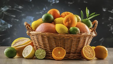 A basket with various citrus fruits, still life in the studio, AI generated, AI generated