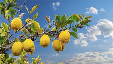 Ripe lemons on a tree with green leaves under a sunny, clear sky with few clouds, AI generated, AI