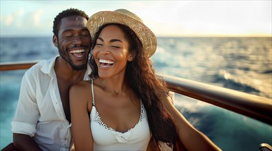 Happy african american couple laughing while boating on the ocean. generative AI, AI generated