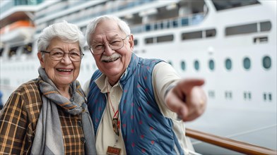 Happy senior couple portrait in front of their luxury cruise ship. generative AI, AI generated