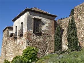 Building on an old stone wall with windows, balconies and cypresses on the right, stone walls of an