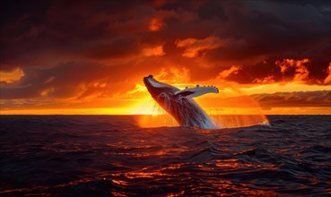 A breaching orca whale captured in mid-air against a vibrant sunset sky AI generated