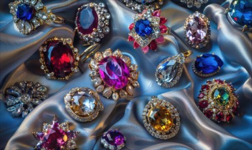 A captivating photograph showcasing a collection of vibrant gemstone brooches arranged on a