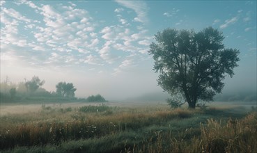 A gentle morning fog over a peaceful countryside landscape AI generated
