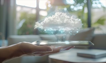 A palm resting on a transparent tablet showing cloud-based software applications AI generated