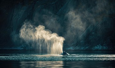 A serene scene of a gray whale spouting mist into the air as it surfaces AI generated