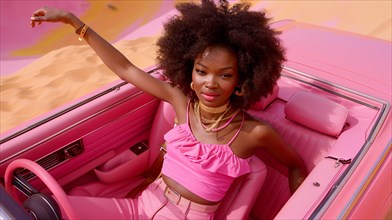 Stylish woman enjoying a ride in a pink convertible car in the desert, AI generated