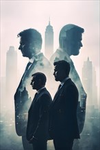 Silhouette of two businessman against a backdrop double exposure that reveals a destroyed